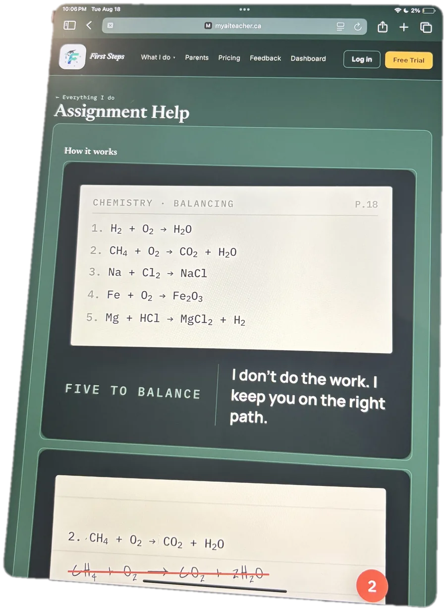 Assignment Help open on an iPad, showing a chemistry balancing worksheet with a marked-up practice question